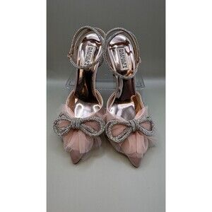 Badgley Mischka Womens Satin Crystal Bow Ankle Strap Heels Pink Size 7